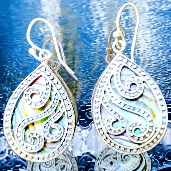 STERLING SILVER with ABALONE DROP Earrings by ARTISAN Hand-crafted - Picture 4 of 7